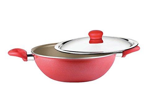 Prestige Omega Gold Induction Base Non-Stick Aluminum Kadhai with Lid, 220mm/2.1 Litres, Metallic Red