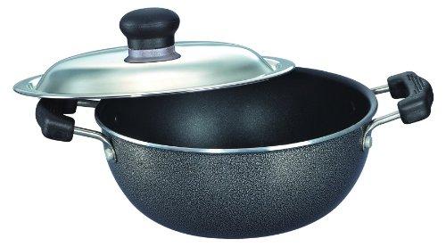 Prestige Omega Select Plus Non-Stick Flat Base Kadai with Lid, 27cm, Black