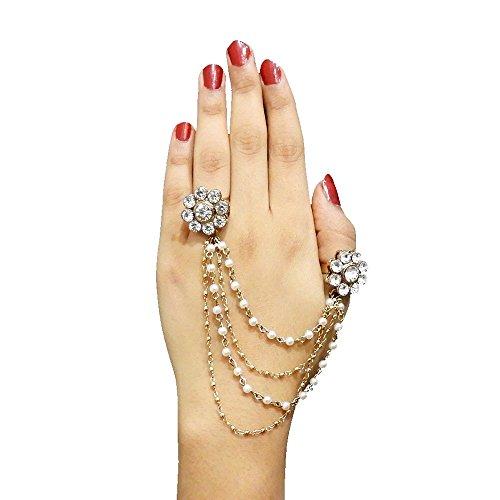 JewelMaze White Pearl Austrian Stone Gold Plated Tassel Chain Double Finger Ring for Women-FAJ0152 - NEIGHBOUR JOY