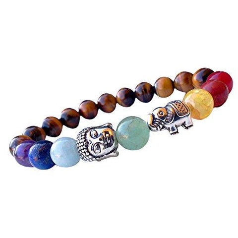 Young & Forever "D'vine Collection" Tiger's Eye lucky Elephant Charm Balance Your Life 7 Chakra Buddha healing bracelet for Unisex (B55343)