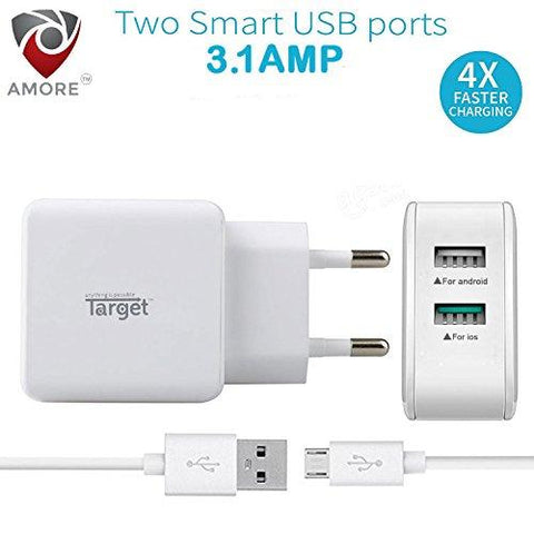 Amore 3.1 Amp Dual Port Fast Wall Charger Adapter compatible with Android Mobiles With Micro USB Data+Charging Cable - NEIGHBOUR JOY