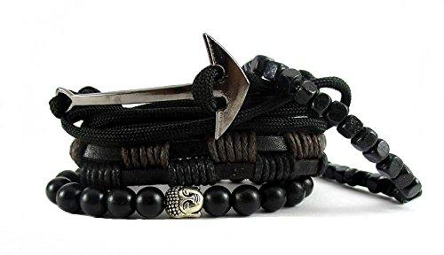 Streetsoul Wraparound Anchor With Old & Rusty Buddha Gold Bead Black (Stack Of 4 pcs.) 8 mm & 6 mm Bead Bracelets For Men.