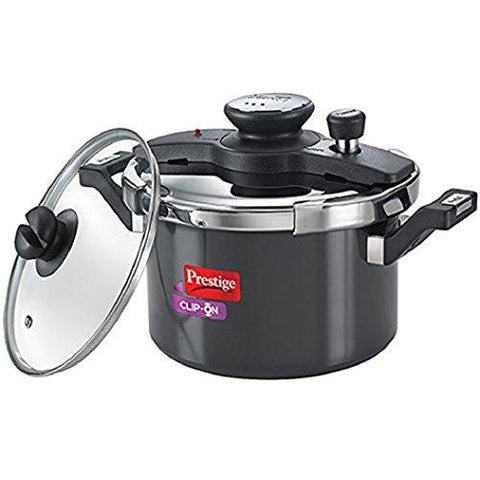 Prestige Clip On Aluminium Pressure Cooker with Glass Lid, 5 Litres, 2-Pieces, Charcoal Black