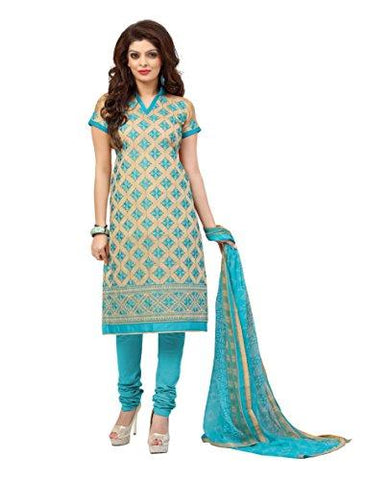 Kavvya Fashion Women's Beige and Sky Blue Embroidred Chanderi Dress Material - NEIGHBOUR JOY