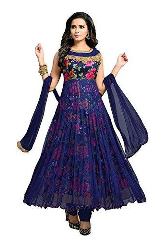 Clickedia Women's Net and Satin Flower Print Anarkali Dress Material (Blue Free Size) - NEIGHBOUR JOY