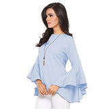 Serein Women's Top (Blue crepe top with flute sleeves) (Medium) - NEIGHBOUR JOY