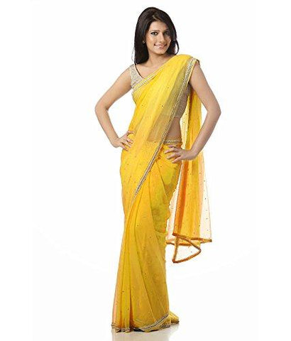 Sarees (Women's Clothing Saree For Women Latest Design Wear Sarees New Collection in Yellow Georgette Material Latest Saree With Designer Blouse Free Size Beautiful Saree For Women Party Wear Offer Designer Sarees With Blouse Piece) - NEIGHBOUR JOY