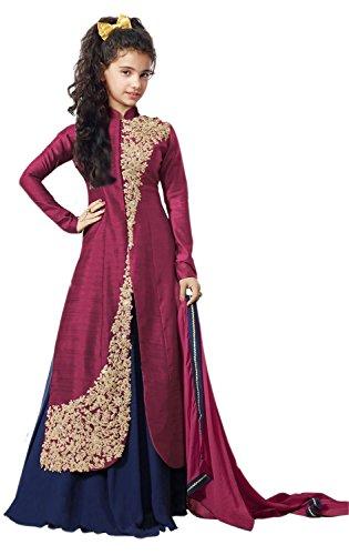 Gstuffvilla Girl's Banglory Silk Semi Stitched Anarkali Salwar Suit Sets (Maroon_Free Size_8-12 Year age)(GSV8017) - NEIGHBOUR JOY