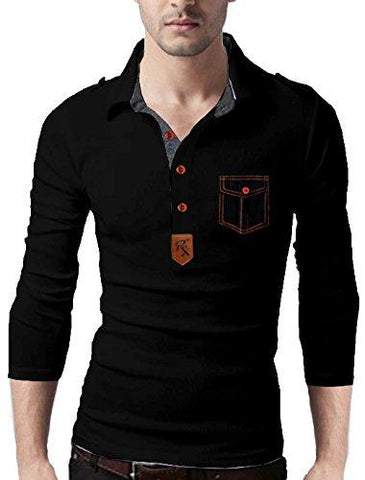 Seven Rocks Men's Polo Neck Cotton Black Tshirt "Leather Patch" - NEIGHBOUR JOY