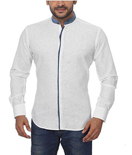 Globalrang Men'S Stand Collar Linen Blend Shirt With Denim Pattern_White_Medium - NEIGHBOUR JOY