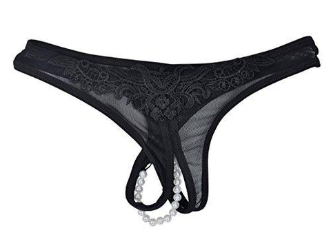 Shop Generic Lingerie Pearl Underwear with Lace Open Crotch Thong Black