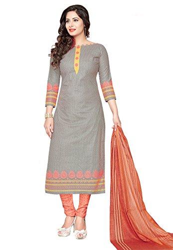 Salwar Studio Women's Grey & Peach Cotton Self Printed Dress Material with Dupatta - NEIGHBOUR JOY