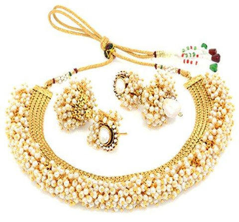 YouBella Exclusive Gold Plated Pearl Studded Traditional Temple Necklace Set / Jewellery Set with Earrings for Girls and Women