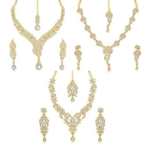 Sukkhi Brass Gold 3 Pieces Strand Necklace With Earrings Set For Women