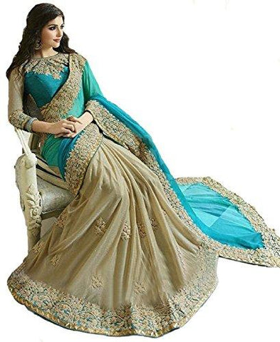 Sarees for Women Latest design for Party Wear Buy in Today Offer in Low Price Sale Turquoise Beige Color Georgette Lycra Fabric Free Size Ladies Sari - NEIGHBOUR JOY