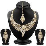 Sukkhi Gold Plated Australian Diamond Choker Necklace With Drop Earrings And Mangtikka Set For Womesn