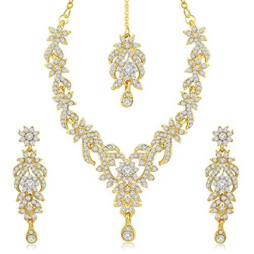 Sukkhi Gold Plated Australian Diamond Choker Necklace With Drop Earrings And Mangtikka Set or Women