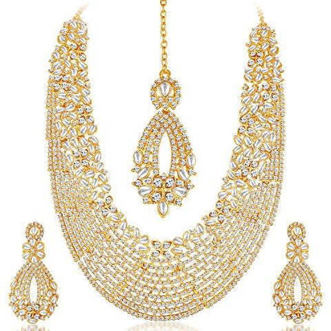 Sukkhi Gold Plated Australian Diamond Choker Necklace With Drop Earring & Mangtika For Women