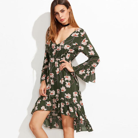 Flower Printed ChiffonWoman Dress V-Neck Asymmetrical Petal Sleeve Dress Party Club Ladies Dresses - NEIGHBOUR JOY